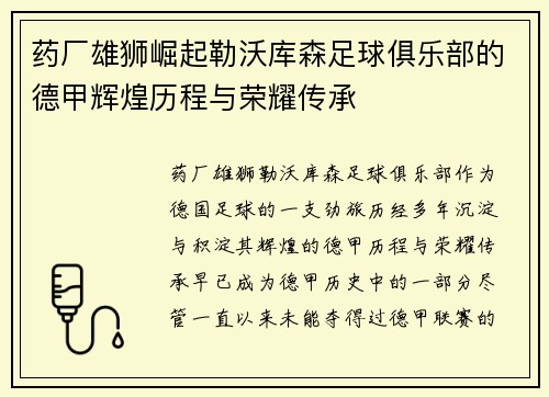 药厂雄狮崛起勒沃库森足球俱乐部的德甲辉煌历程与荣耀传承