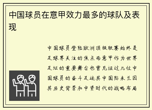 中国球员在意甲效力最多的球队及表现