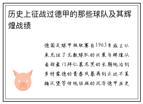 历史上征战过德甲的那些球队及其辉煌战绩